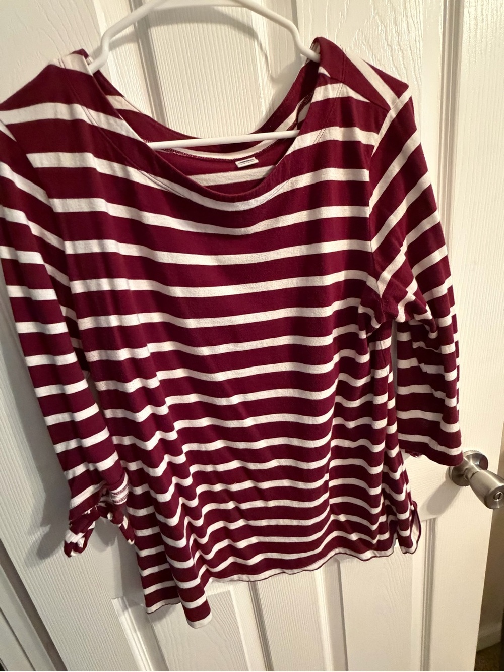 Old Navy Maroon and White Striped Long Sleeve Boatneck Top